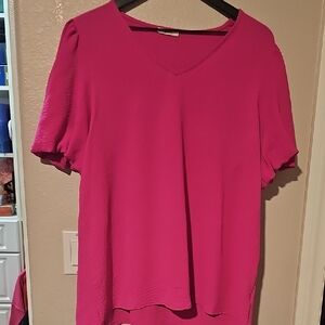 JODIFL XL Fuchsia V-Neck Blouse with Balloon Sleeves NWOT